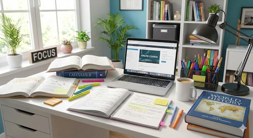 Student preparing for final exams with organized study desk, books, and laptop