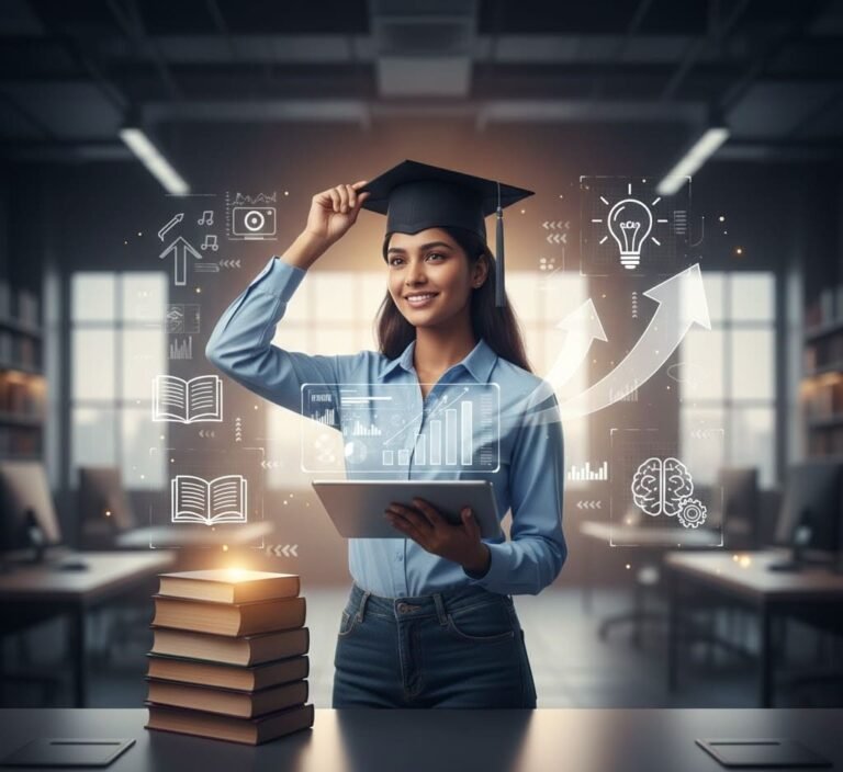 How to Turn Education into Success illustrated with students achieving goals, books, graduation cap, and educational growth concept