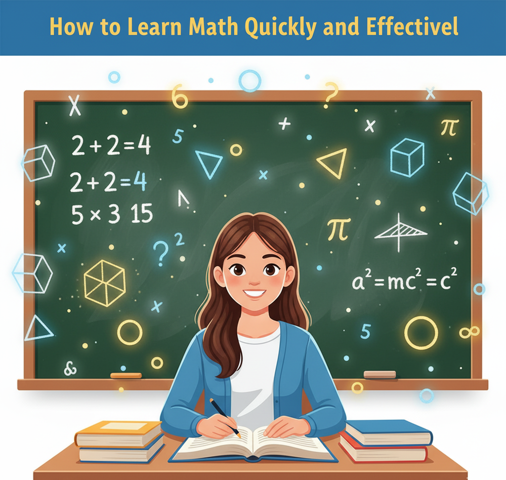 “Student studying math with notebook, calculator, and laptop surrounded by formulas and equations — concept for learning math quickly and effectively.”