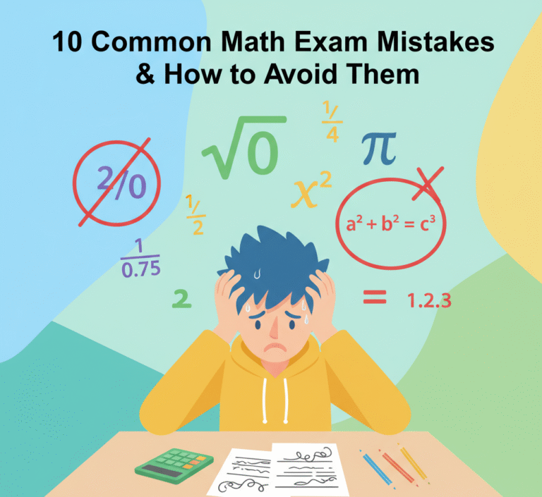 “Illustration of student making math exam mistakes with tips on how to avoid them”