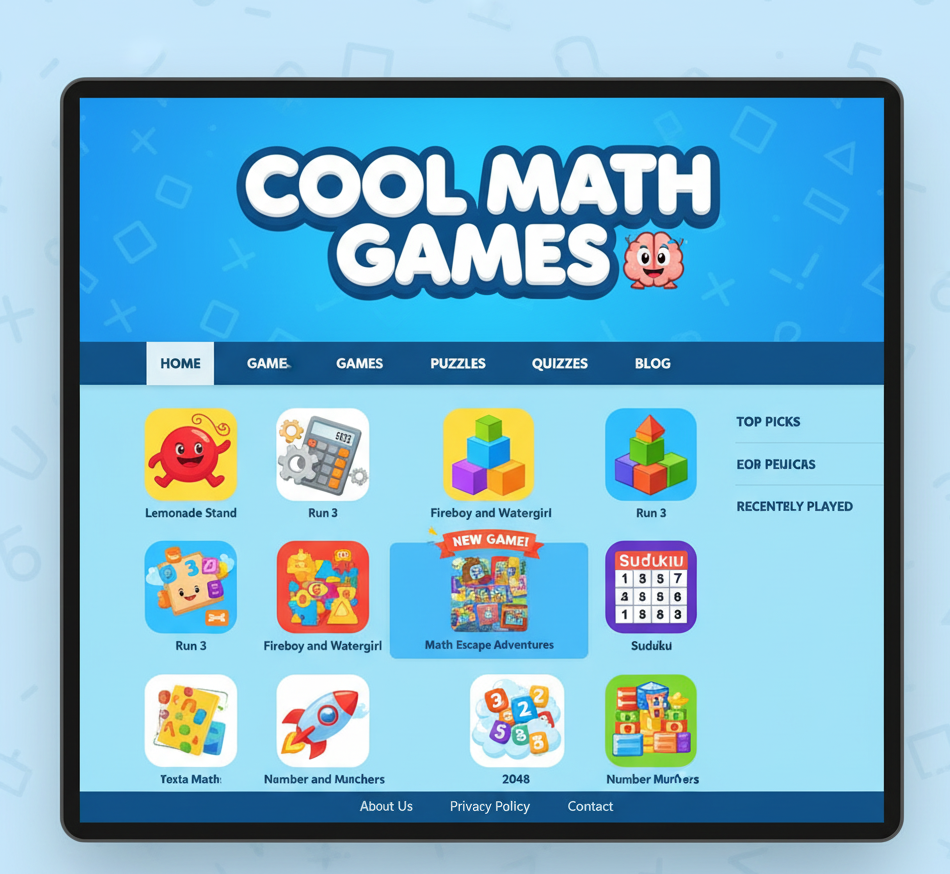 Cool Math Games platform screenshot for Math Games Online Free with colorful puzzles and logic activities for kids
