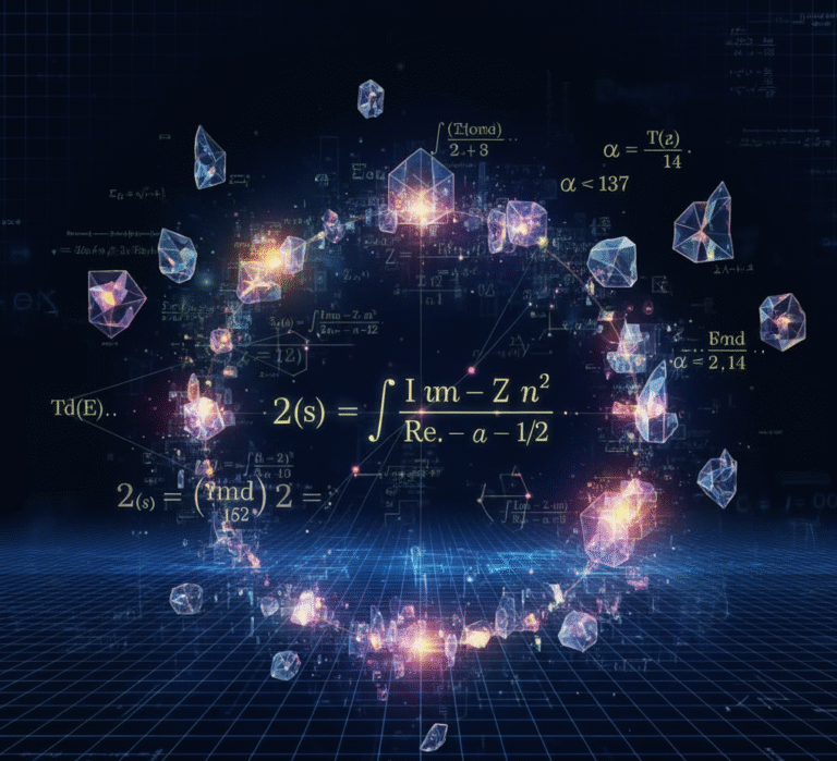 "Abstract mathematical illustration representing the Riemann Hypothesis Proof with glowing formulas and prime numbers."