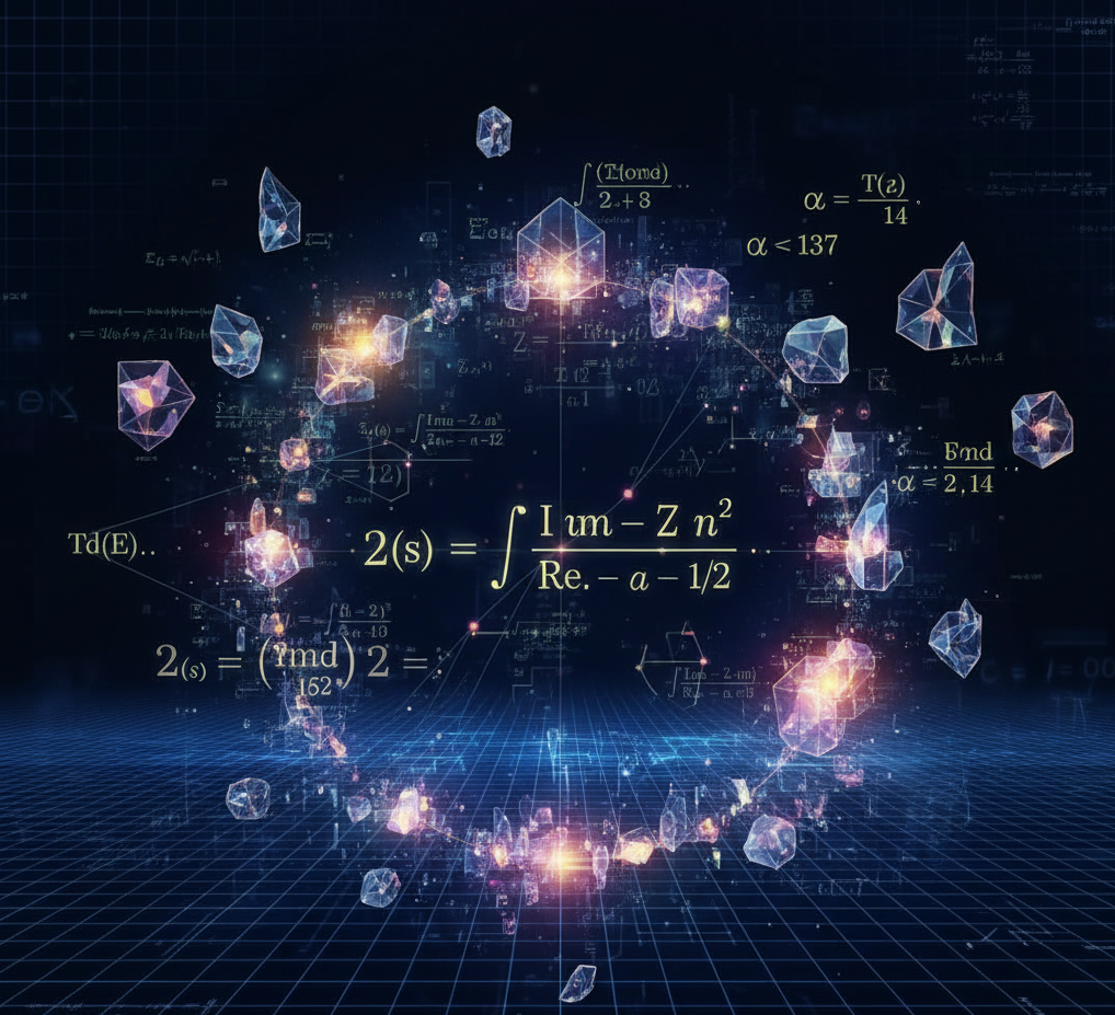 "Abstract mathematical illustration representing the Riemann Hypothesis Proof with glowing formulas and prime numbers."