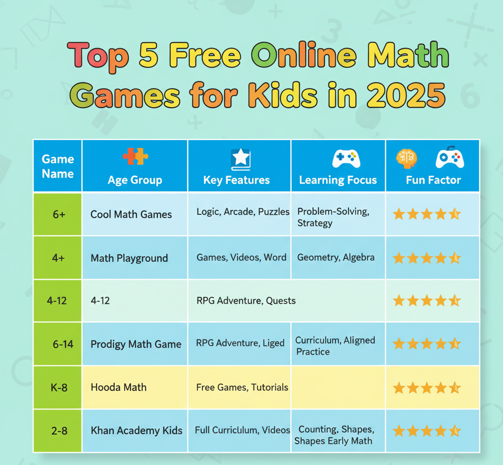 Comparison chart of top 5 math games online free for kids in 2025, showing features, age group, and learning focus