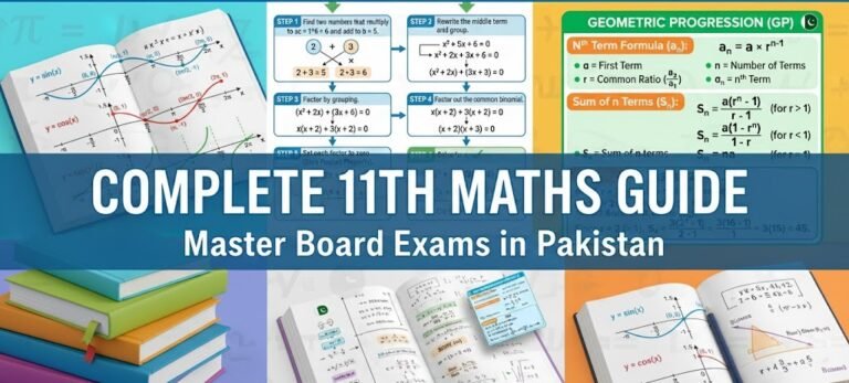 "Featured image of Complete 11th Maths Guide showing textbooks, solved problems, and math charts for Pakistani students."