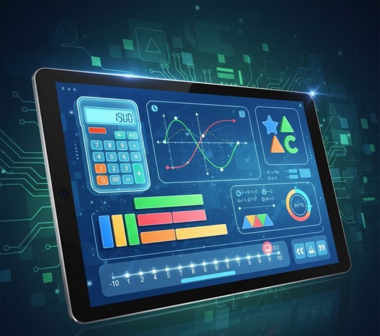 Virtual Manipulatives for Math showing interactive digital math tools, including fraction bars, base-ten blocks, and number lines.