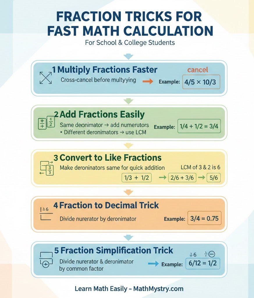 Educational infographic showing simple fraction tricks for fast math calculations, including multiplication, addition, simplification, and conversion to decimals for students.