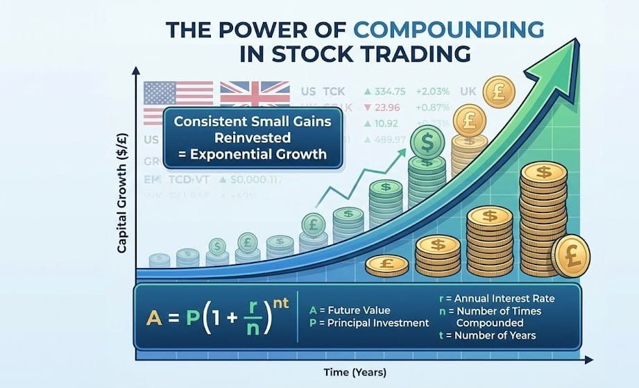 Graph showing compounding capital growth over time for traders using stock market math in US & UK markets
