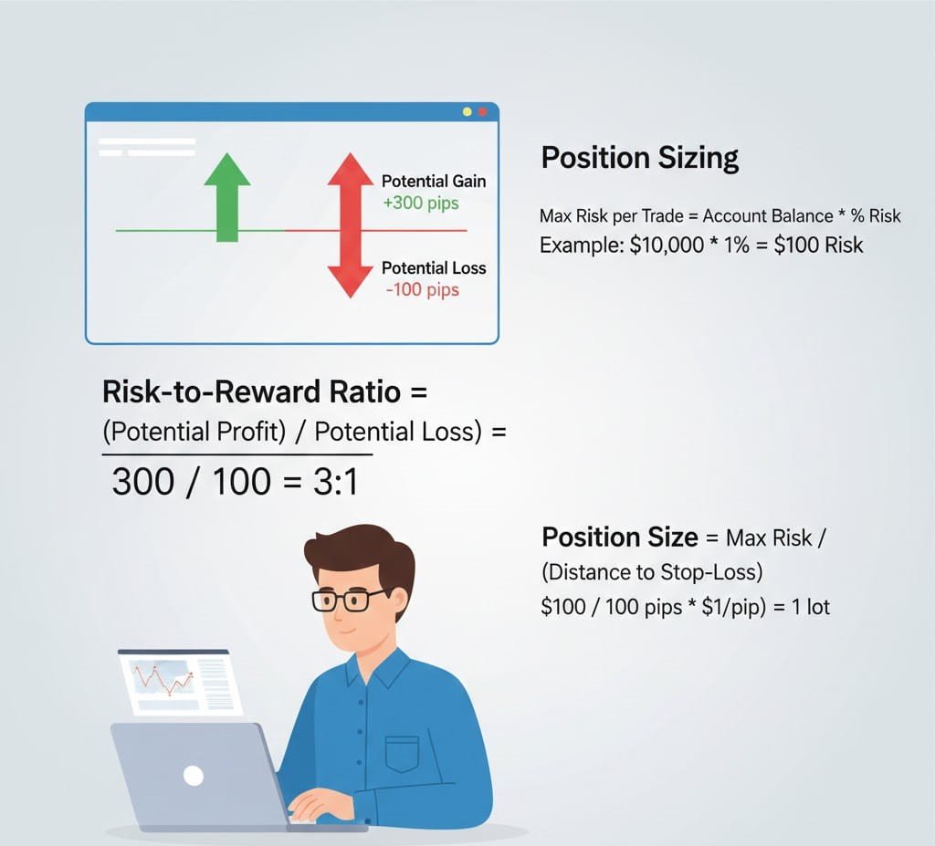 Infographic of risk-to-reward calculation and position sizing in trading for US & UK markets