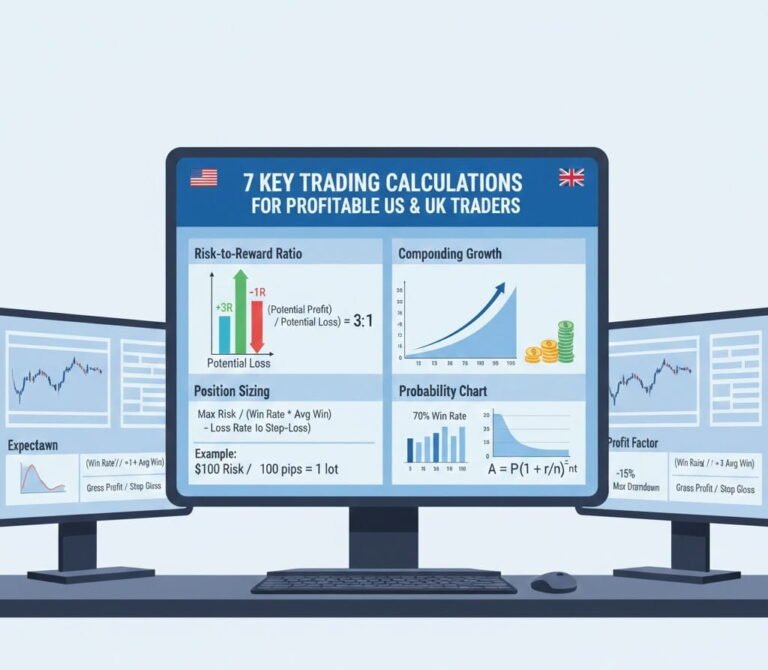 Featured image of a modern trading desk showing 7 key stock market math calculations including risk-to-reward ratios, position sizing, probability charts, and compounding growth for profitable US & UK traders.