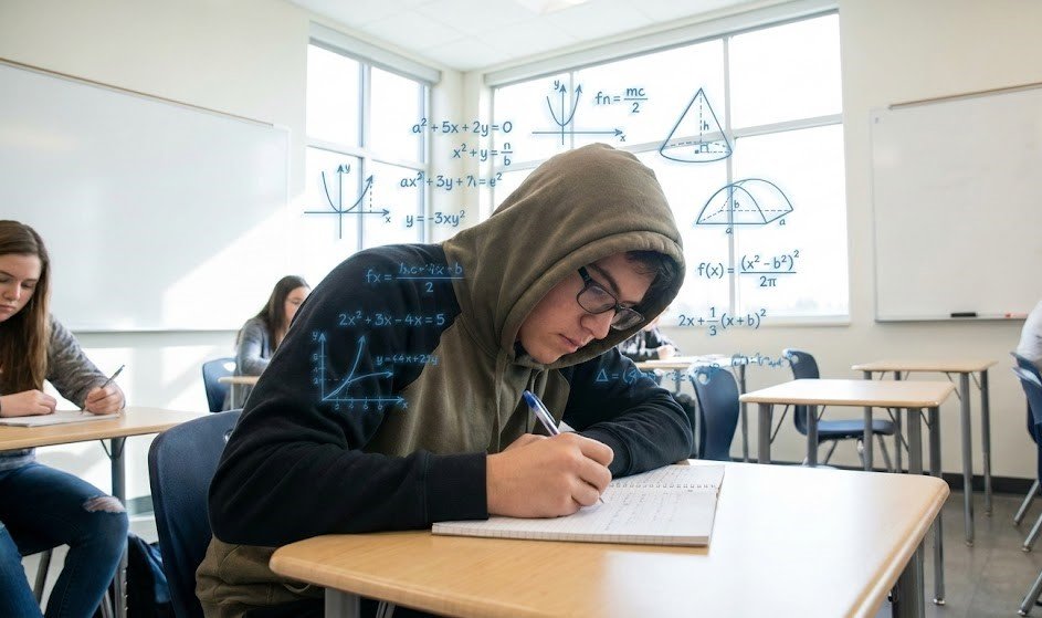 Student using math shortcuts to solve problems faster with floating algebra and geometry symbols around."