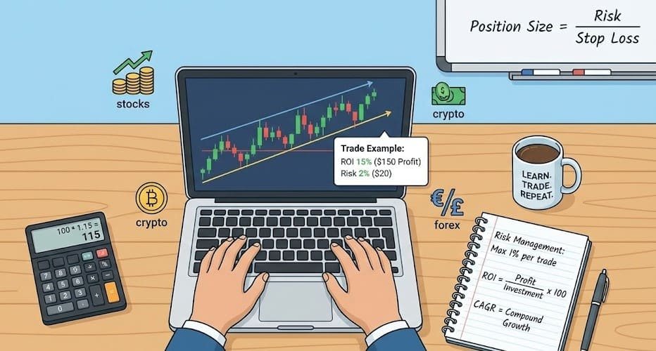 Beginner using trading and investing math calculations to analyze stocks, crypto, and forex
