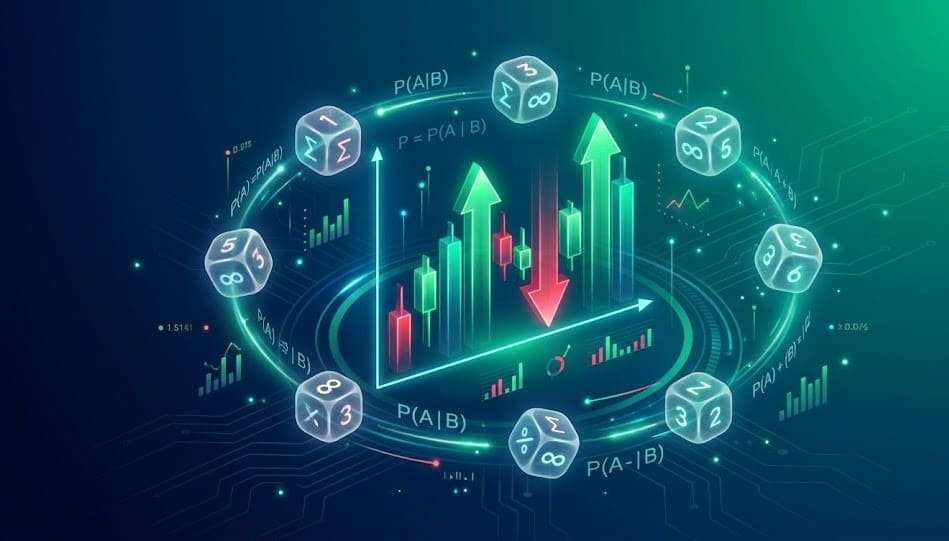 Illustration of using probability to make smart trades with cryptocurrency charts, probability formulas, dice, and trading graphs
