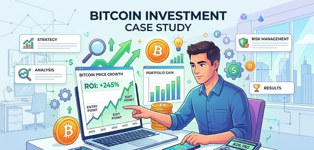 Bitcoin Investment Case Study showing price growth, investor analyzing charts, and profit calculation