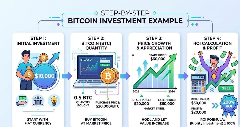 Bitcoin investment example infographic showing profit calculation, ROI, and growth over time