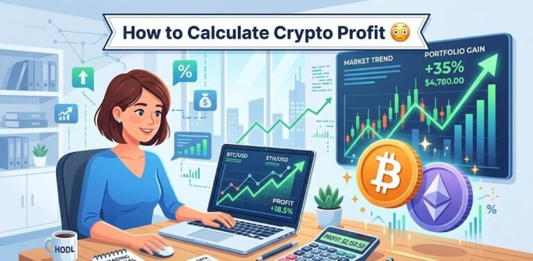 How to Calculate Crypto Profit - Featured Image showing Bitcoin, Ethereum, charts, and calculator