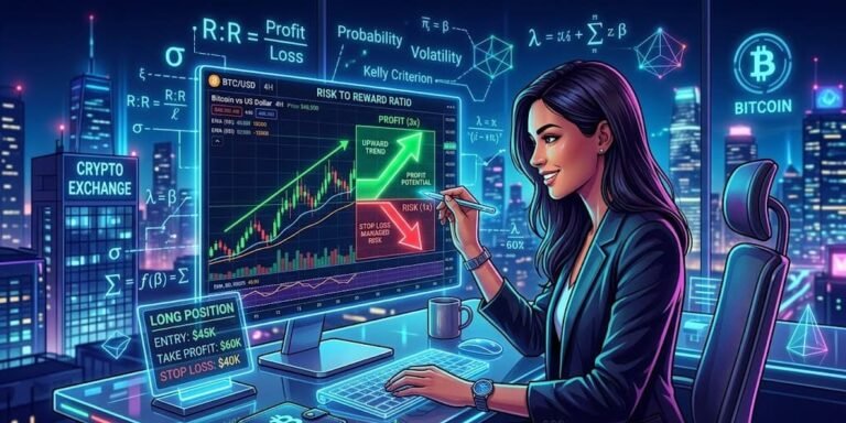 Risk to Reward Ratio Bitcoin explained – trader analyzing crypto charts with math formulas