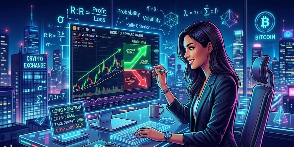 Risk to Reward Ratio Bitcoin explained – trader analyzing crypto charts with math formulas