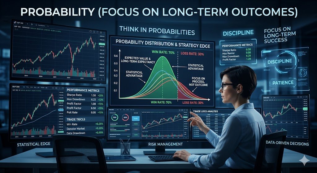 7 Essential Math Concepts Every Trader Must Know to Stay Profitable (Avoid Costly Mistakes) showing calculated risk, statistical probability, and consistent decision-making with trading charts and financial dashboard