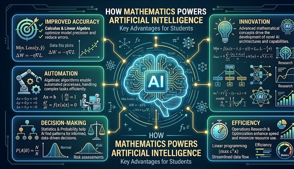 How Mathematics Drives Artificial Intelligence (Simple Guide) showing advantages of mathematics in AI such as accuracy, automation, decision-making, and innovation in modern systems.