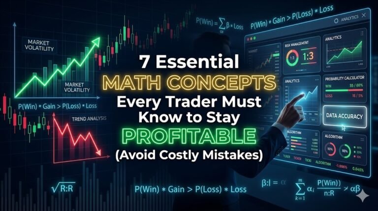 7 Essential Math Concepts Every Trader Must Know to Stay Profitable (Avoid Costly Mistakes) showing calculated risk, statistical probability, and consistent decision-making with trading charts and financial dashboard