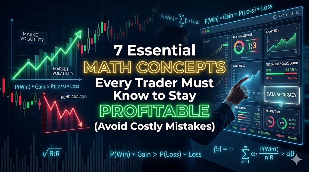 7 Essential Math Concepts Every Trader Must Know to Stay Profitable (Avoid Costly Mistakes) showing calculated risk, statistical probability, and consistent decision-making with trading charts and financial dashboard