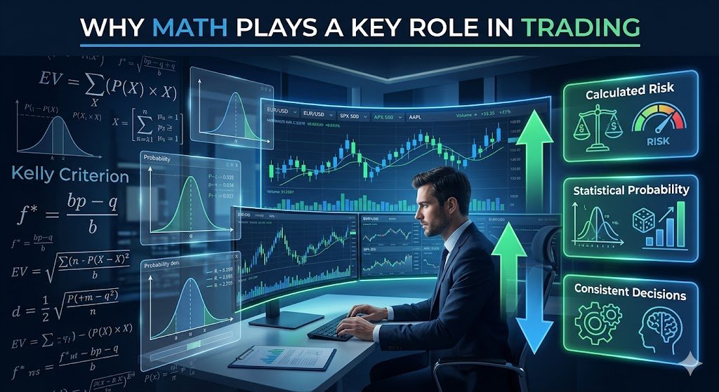 7 Essential Math Concepts Every Trader Must Know to Stay Profitable (Avoid Costly Mistakes) showing calculated risk, statistical probability, and consistent decision-making with trading charts and financial dashboard