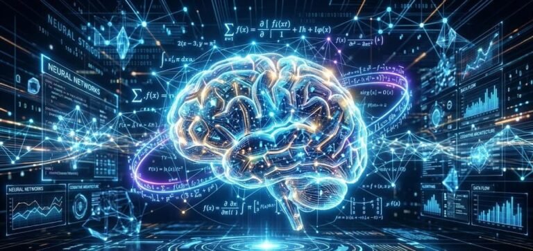 How Mathematics Drives Artificial Intelligence (Simple Guide) showing mathematics powering artificial intelligence with equations and neural networks in machine learning systems.
