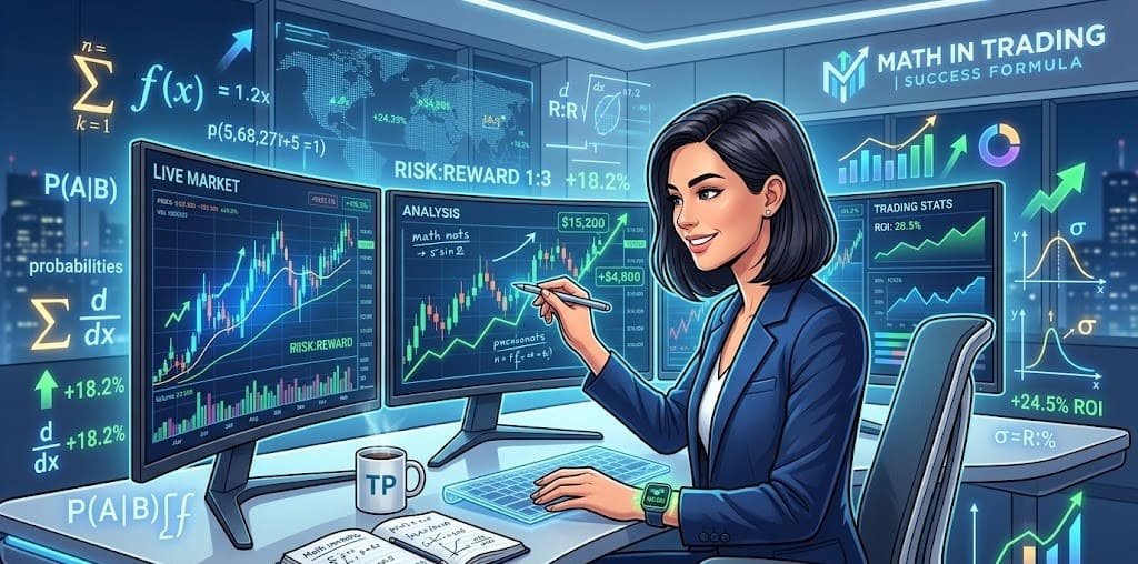 How Math Can Make You Successful in Trading showing charts, formulas, and risk management strategies illustrated visually