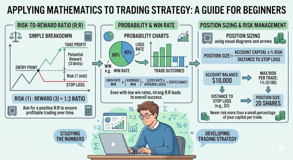 How Math Can Make You Successful in Trading explained visually through mathematical trading concepts including risk-to-reward ratio, probability, and position sizing