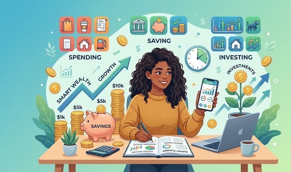 "Monitor Spending, Save Regularly & Invest Smartly: illustration of tracking expenses, automated savings, and smart investing for building wealth"