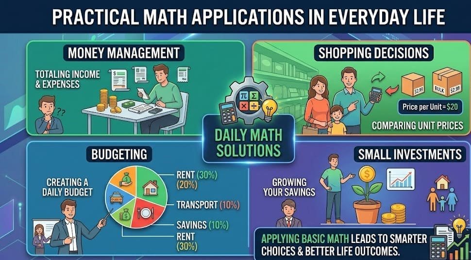 Practical Applications in Everyday Life – graphic showing math and financial formulas applied to budgeting, money management, shopping, and small investments