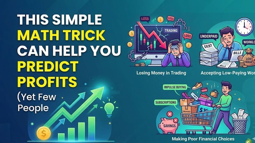 This Simple Math Trick Can Help You Predict Profits (Yet Few People Use It) – graphic showing financial mistakes like losing money in trading, low-paying work, and poor financial choices