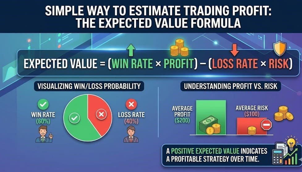 A smarter way to estimate profit using Expected Value Formula: Expected Value = (Win Rate × Profit) – (Loss Rate × Risk), with charts showing profit calculation