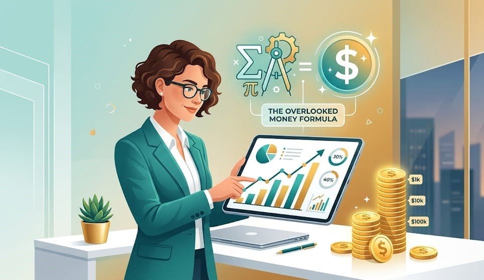 "Understanding the Money Formula Most People Overlook: digital illustration of charts, coins, and a person learning how to grow wealth"