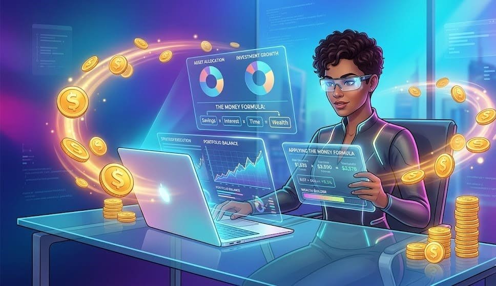 "Using Technology to Apply the Money Formula: illustration of a person using digital tools and charts to grow wealth"