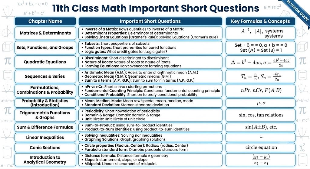 11th Class Math Important Short Questions PDF for exam preparation and revision guide