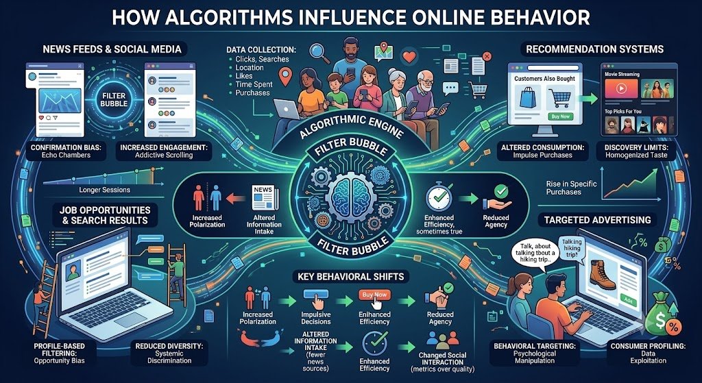 : An educational infographic detailing the hidden mathematics of social media algorithms and their impact on online behavior, illustrating how data metrics, predictive modeling, and recommendation engines create filter bubbles and drive user engagement.