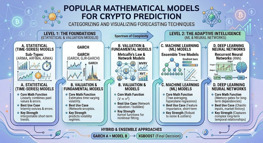Popular Mathematical Models for Crypto Price Prediction including ARIMA GARCH LSTM Random Forest and Bayesian models used in Bitcoin forecasting