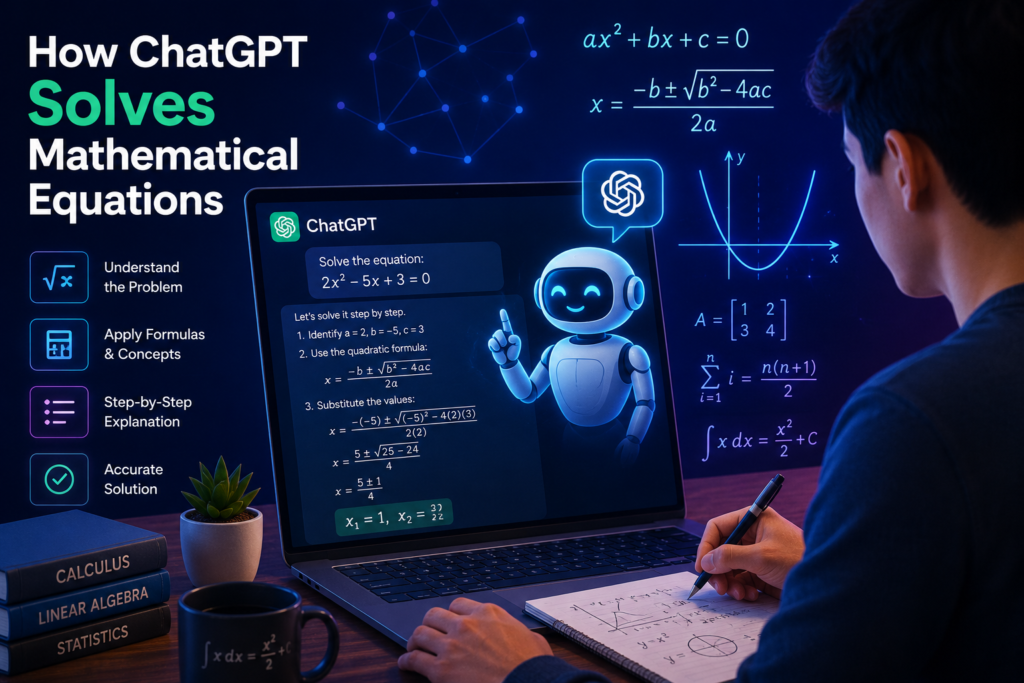 Can ChatGPT solve complex math equations with step-by-step AI explanation and digital learning concept