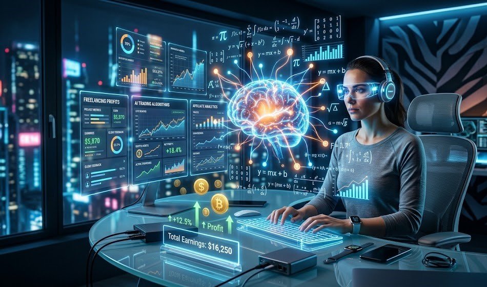 How to Use Math + AI to Make Money Online in 2026 – futuristic concept of mathematics, artificial intelligence, and online earning with graphs and digital growth