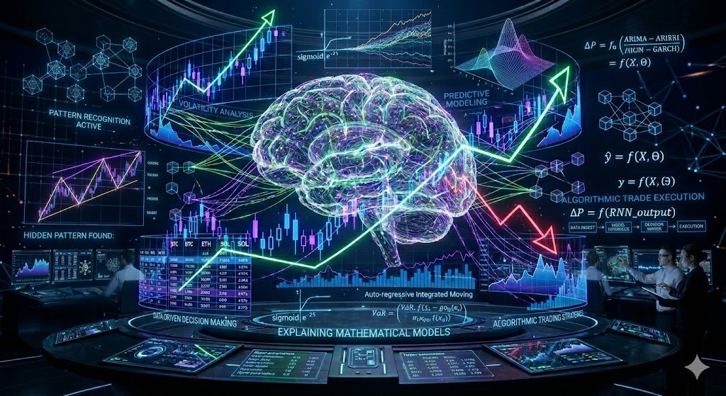 “Mathematical models in crypto trading showing volatility, data-driven decision-making, and AI-based pattern recognition in financial markets”