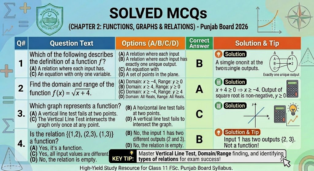11 class math notes 2026 Punjab Board – Chapter 2 Functions Graphs and Relations solved notes for FSc Part 1 Sahiwal Board exam