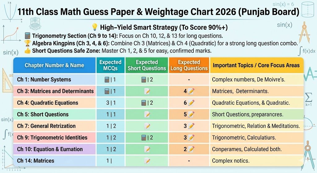"11th Class Math Guess Paper & Weightage Chart 2026 (Punjab Board) - Comprehensive infographic featuring exam strategy and detailed topic weightage for FSc students in Bangla Gogera, Punjab."