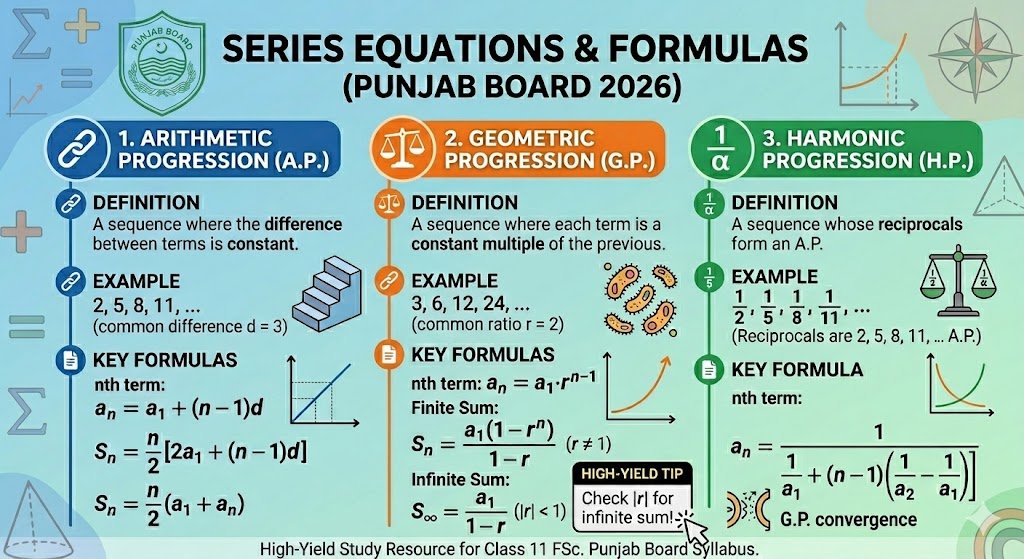 11 class math notes 2026 Punjab Board – Sequences and Series formulas chart showing AP and GP nth term and sum formulas for FSc Part 1 Sahiwal Board exam preparation